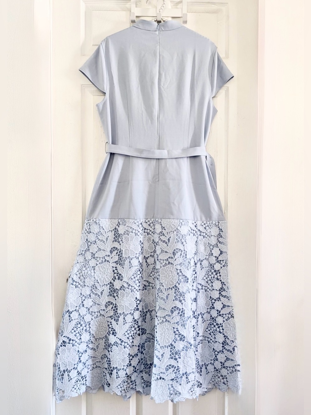 Commense Belted Short Sleeve Lace Hem Midi Dress - Picture 12 of 14